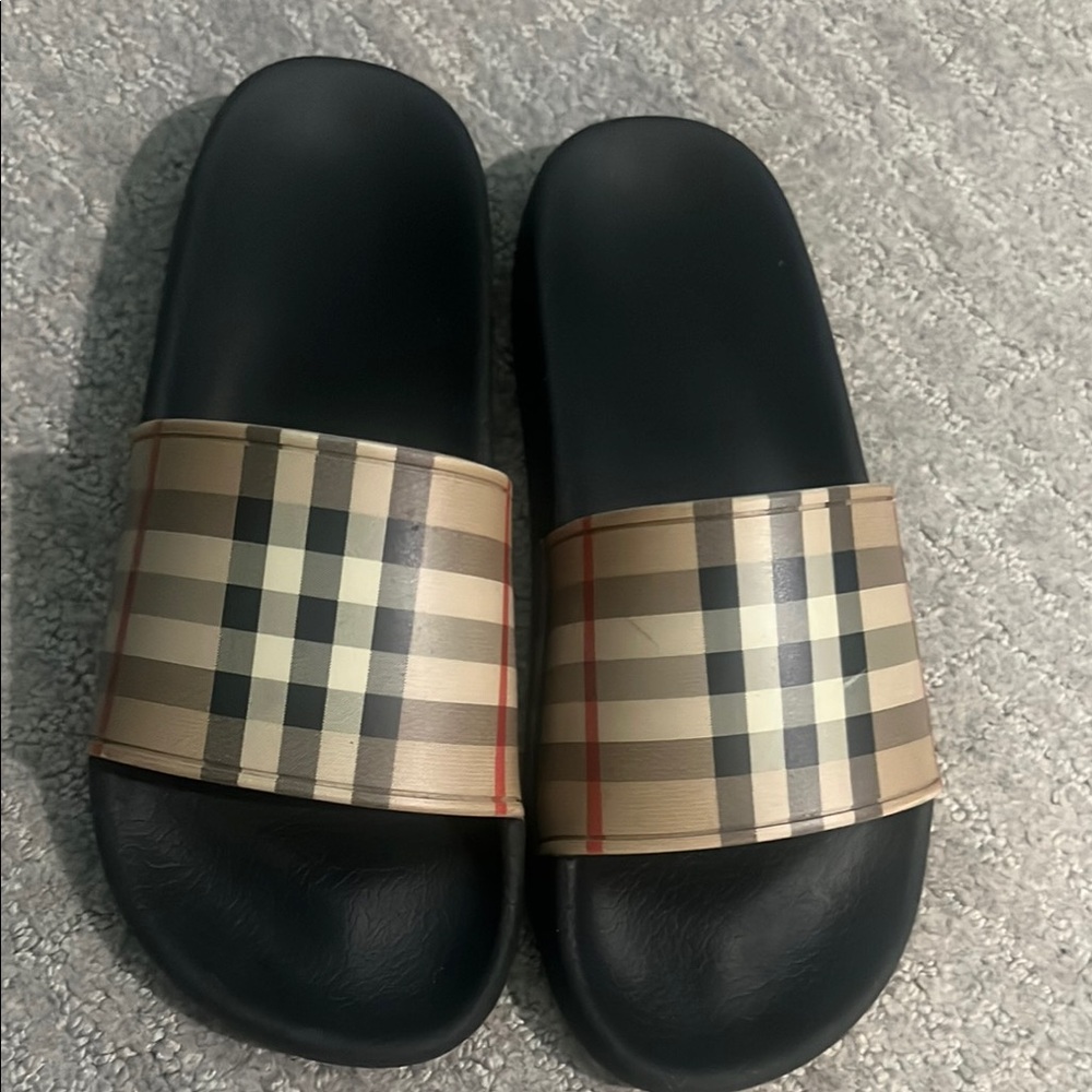 Plaid Strap Black Slide Sandals